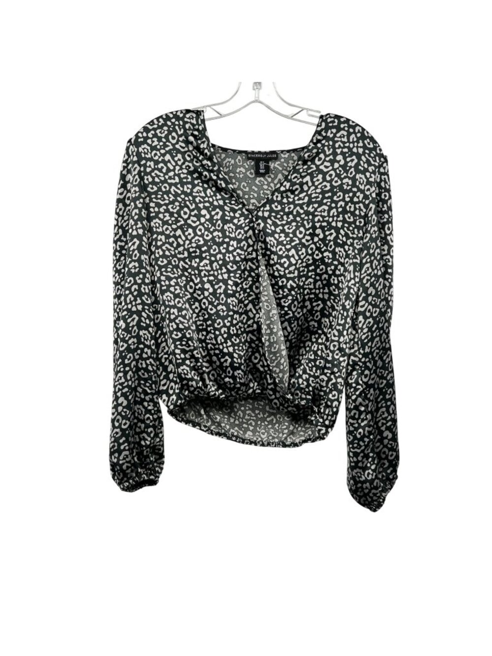 Sincerely Jules Womens Cheetah Print Surplice Top Long Sleeve Gray/Black Small